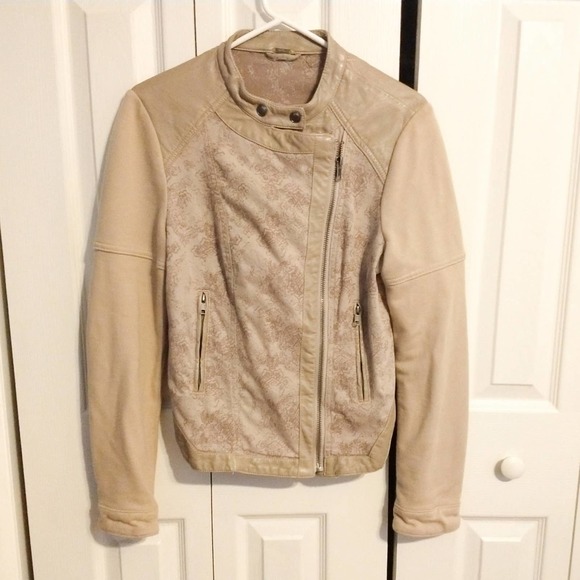 Free People Tan Brocade Vegan Leather Moto Jacket Size 6 - Picture 2 of 7